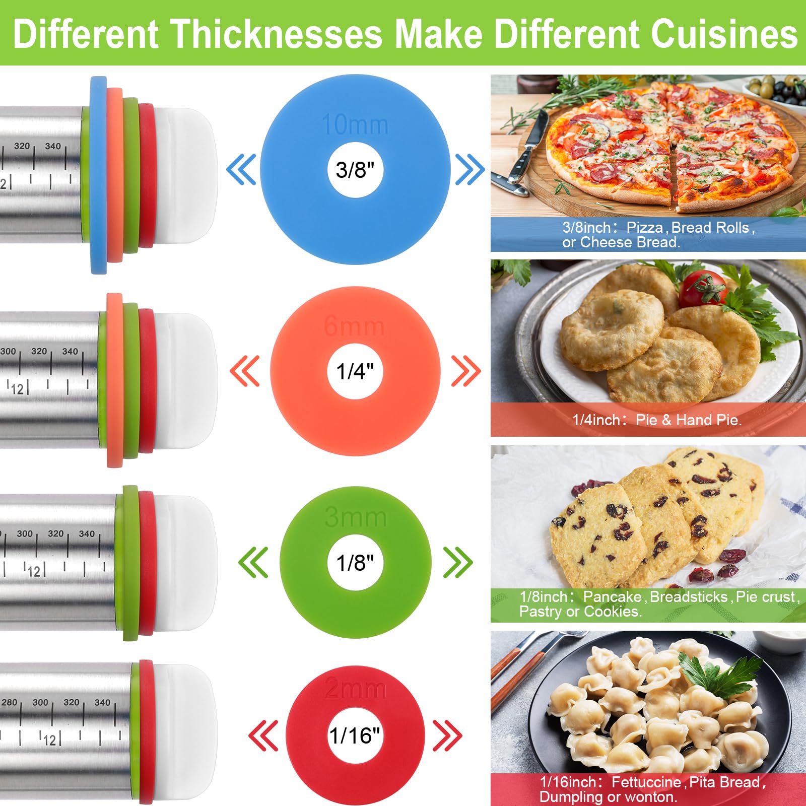 Adjustable Stainless Steel Rolling Pin with Thickness Rings