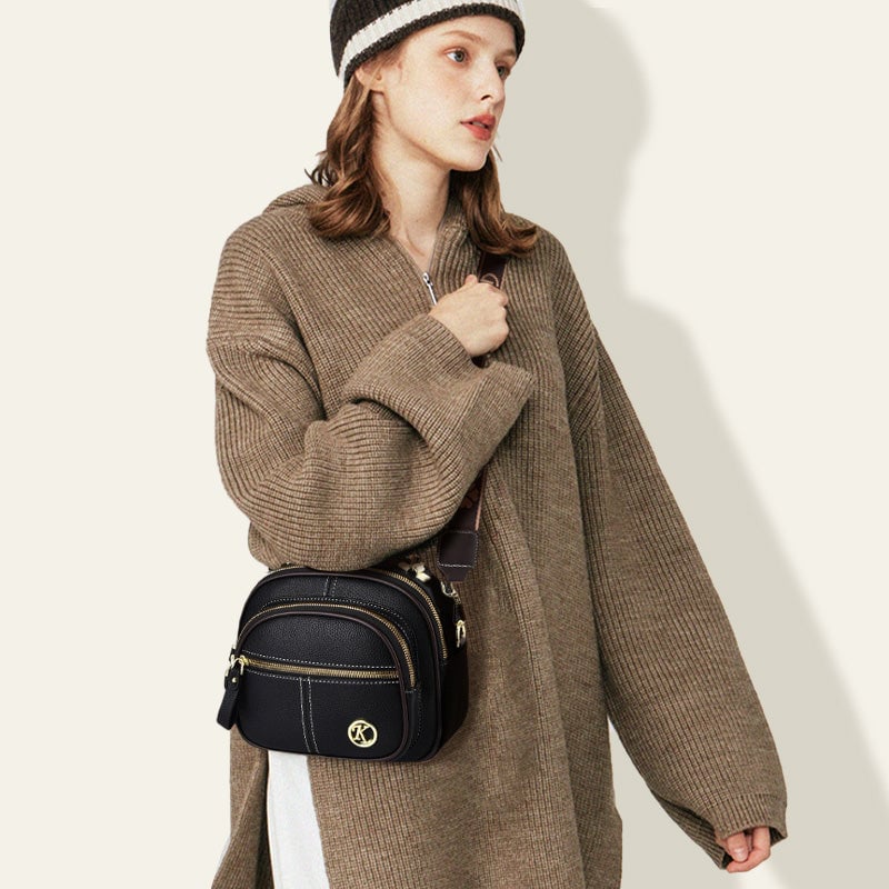 Classic Multifunctional Compartments Adjustable Wide Shoulder Strap Leather Crossbody Bag