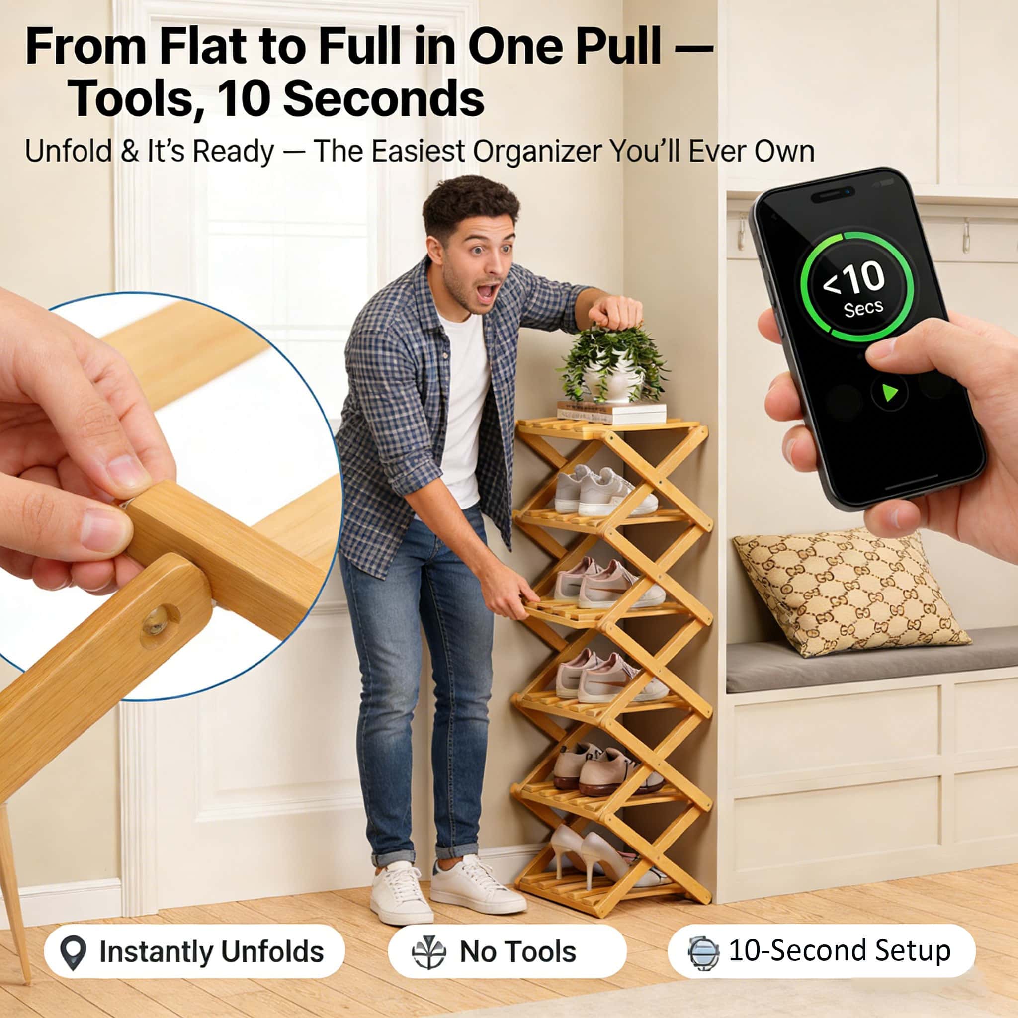 Instant-Use Bamboo Rack – 9 Tiers, No Tools Needed