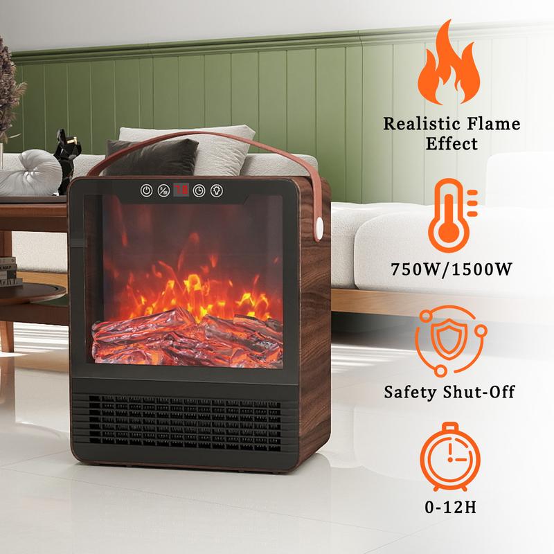 Mini Electric Wall-Mounted Space Heater 1500W with Realistic 3D Flame Effect Ideal for Bedrooms, Living Rooms, and Offices