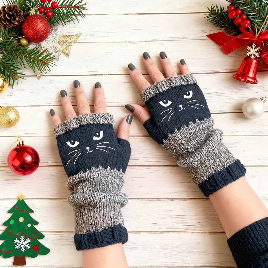Cute Women’s Knitted Cat Gloves — For Warm Hands & Free Fingers