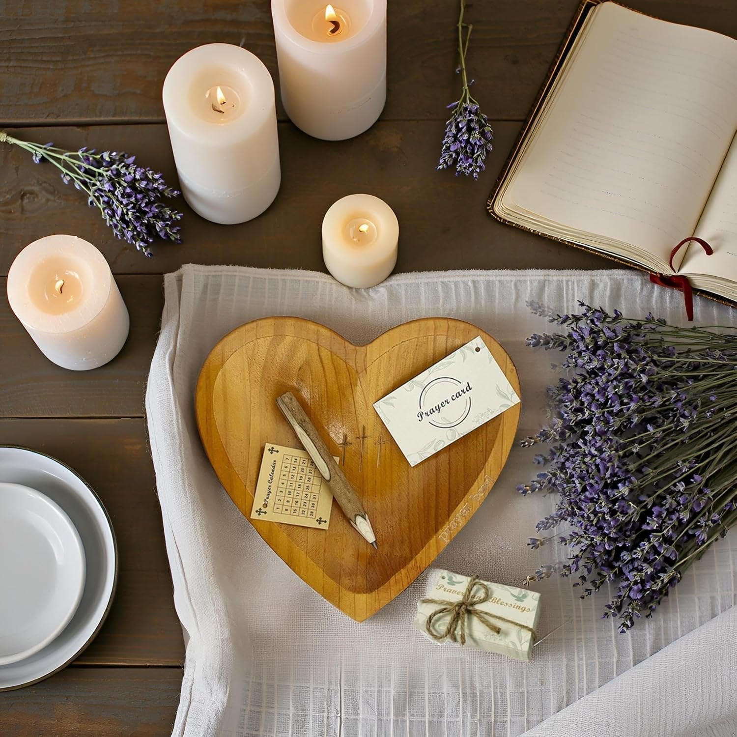 Handcrafted Wooden Heart Prayer Bowl Set