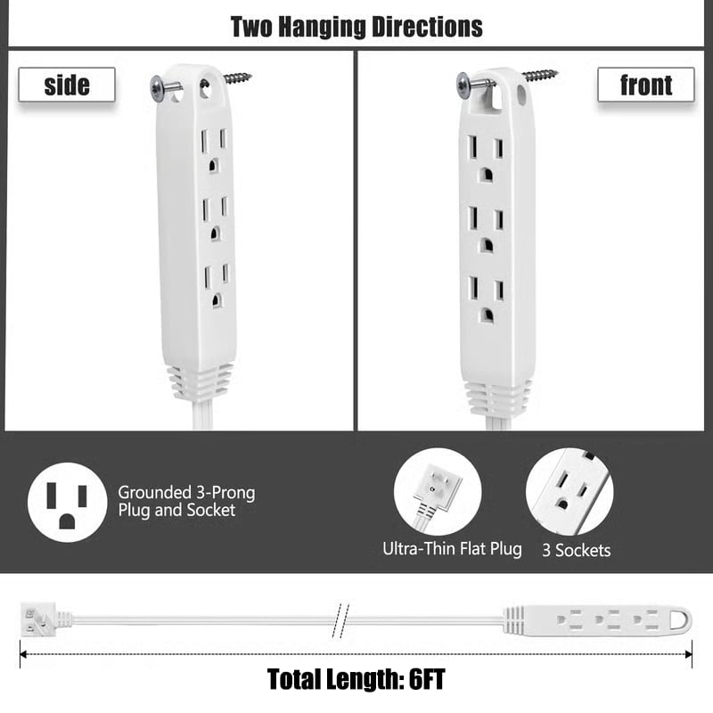 #1 Bestselling 6FT Ultra Flat Plug Extension Cord Power Strip with 3 Outlets