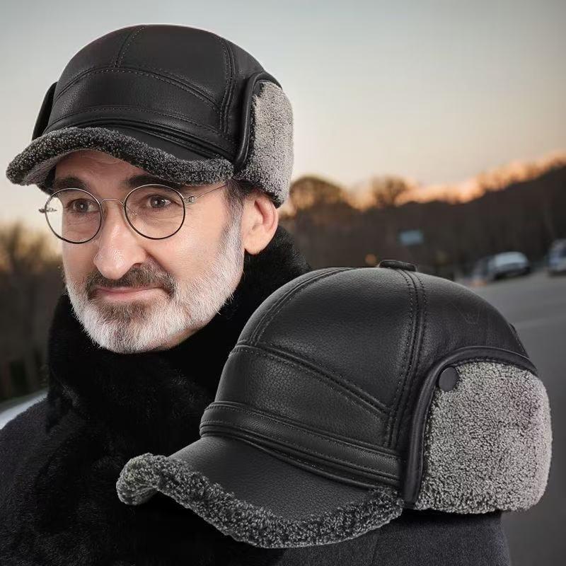 New Men's Winter Hat with Sheepskin Flat Top Earmuffs