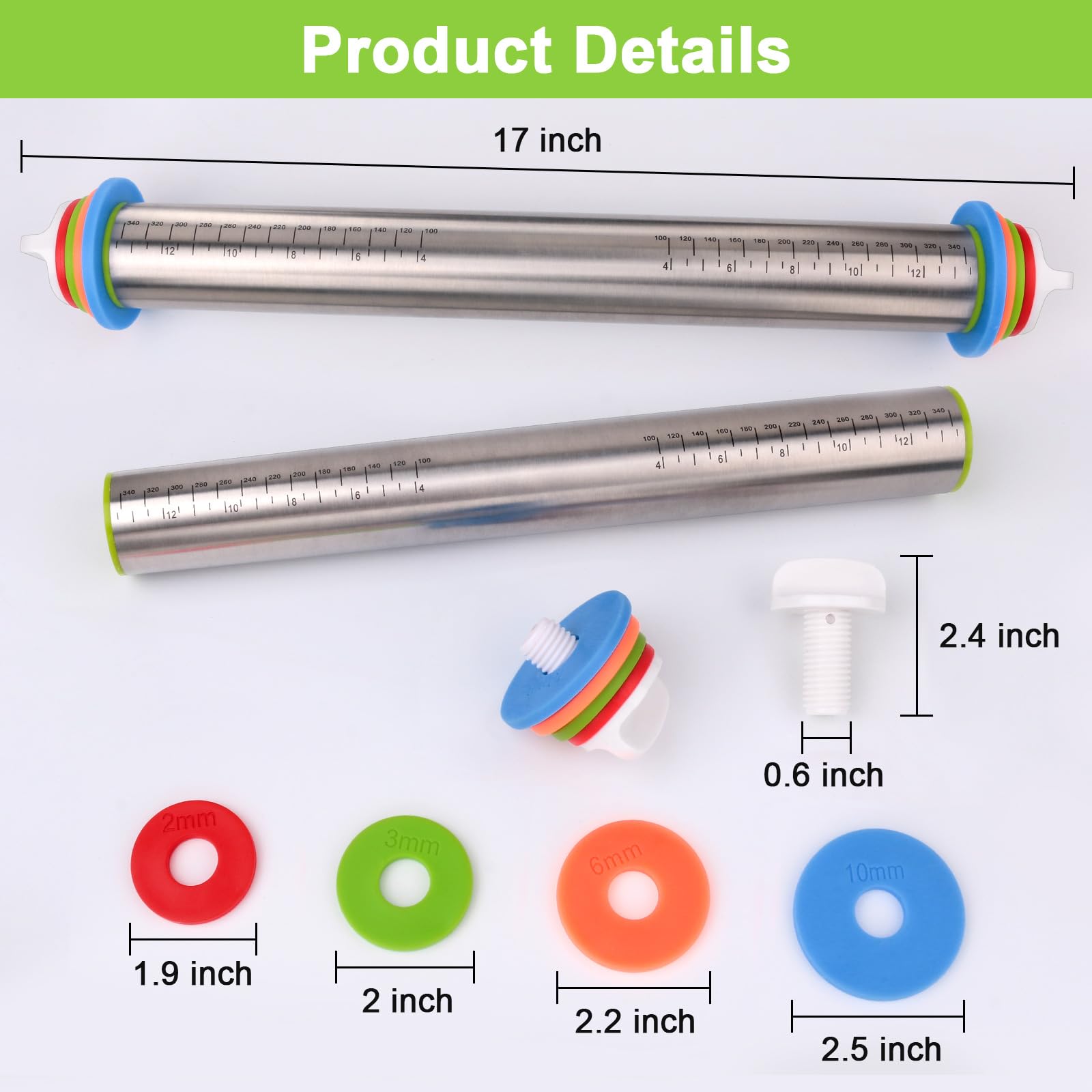 Adjustable Stainless Steel Rolling Pin with Thickness Rings
