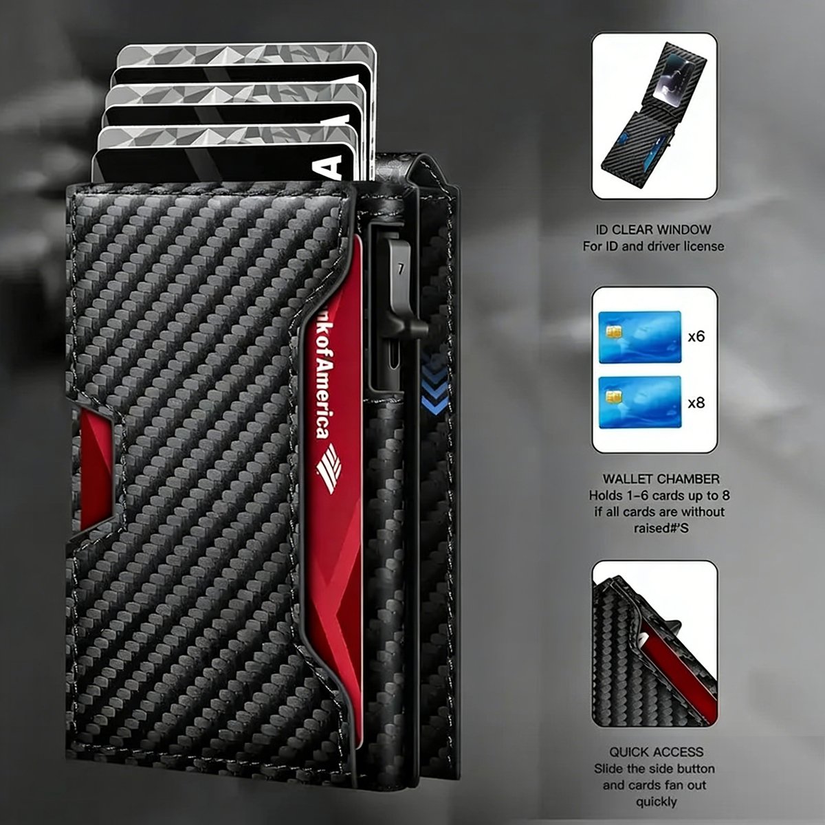 Premium Aluminum RFID Blocking Minimalist Wallet for Men - Pop-Up Card Access, Money Clip & ID Window