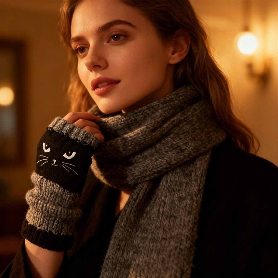 Cute Women’s Knitted Cat Gloves — For Warm Hands & Free Fingers