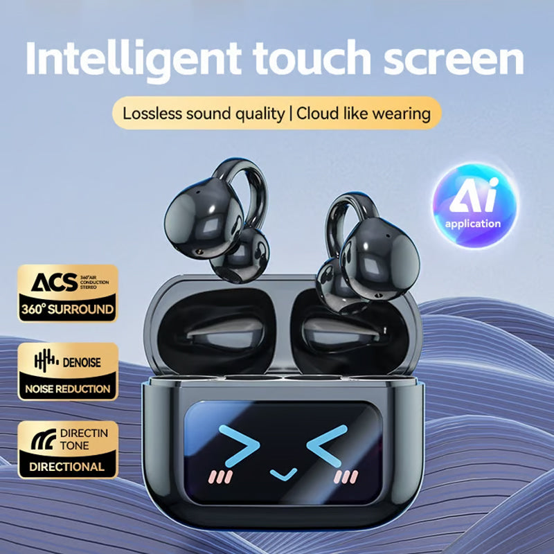 Clip-on earphones with color screen, support 134 languages, Bluetooth V6.0, are waterproof, have an ergonomic design, and offer up to 40 hours of battery life