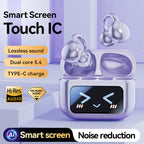 Clip-on earphones with color screen, support 134 languages, Bluetooth V6.0, are waterproof, have an ergonomic design, and offer up to 40 hours of battery life