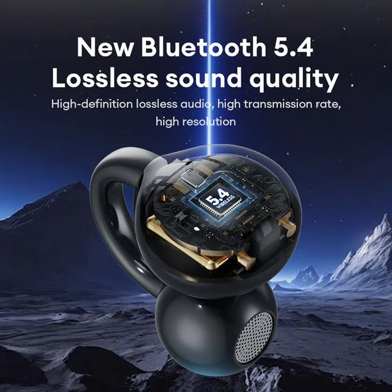 Clip-on earphones with color screen, support 134 languages, Bluetooth V6.0, are waterproof, have an ergonomic design, and offer up to 40 hours of battery life