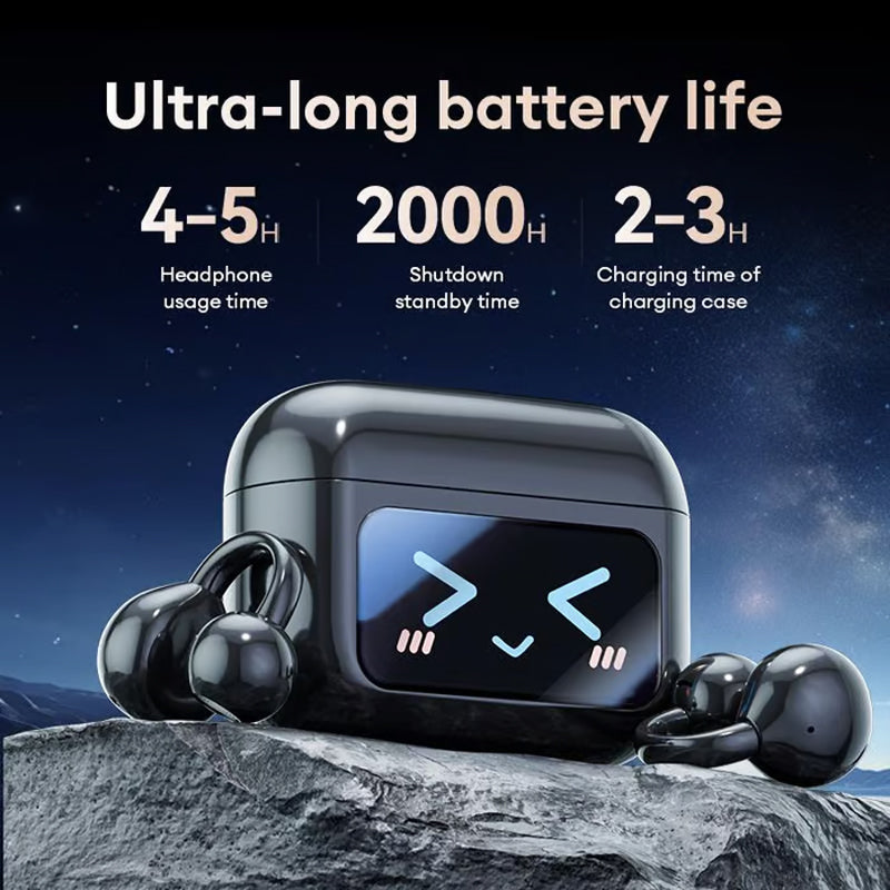 Clip-on earphones with color screen, support 134 languages, Bluetooth V6.0, are waterproof, have an ergonomic design, and offer up to 40 hours of battery life
