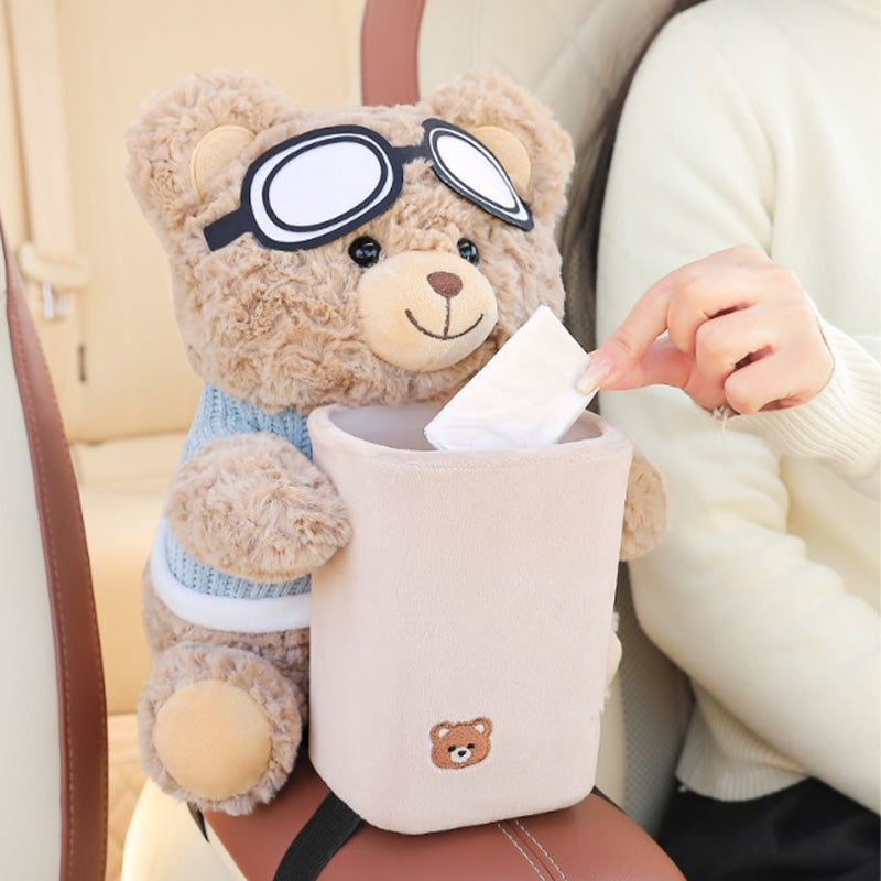 Cute Bear Plush Car Tissue Holder & Storage Bin