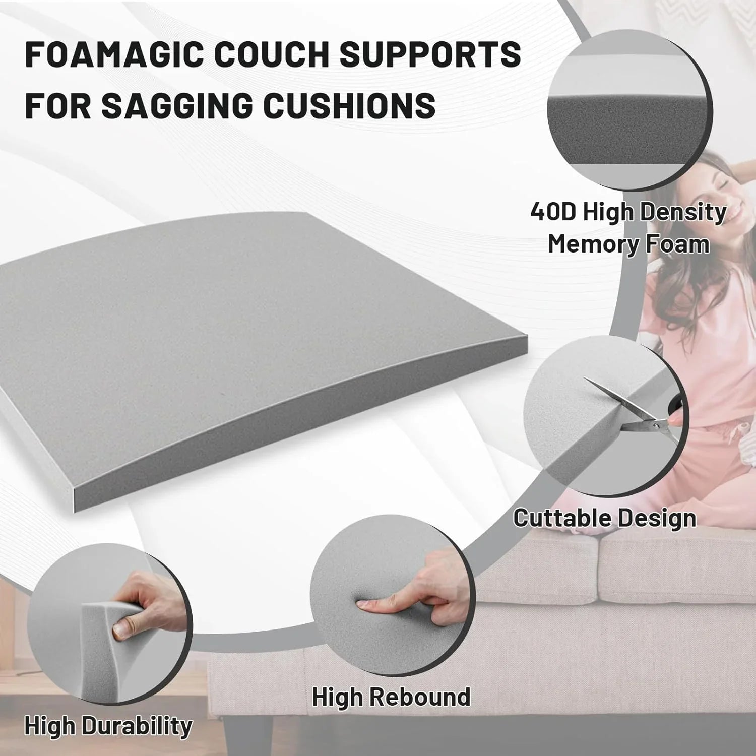 Sofa Cushion Support for Sagging Seats - High-Density Foam Insert with Non-Slip Base for Enhanced Comfort & Posture