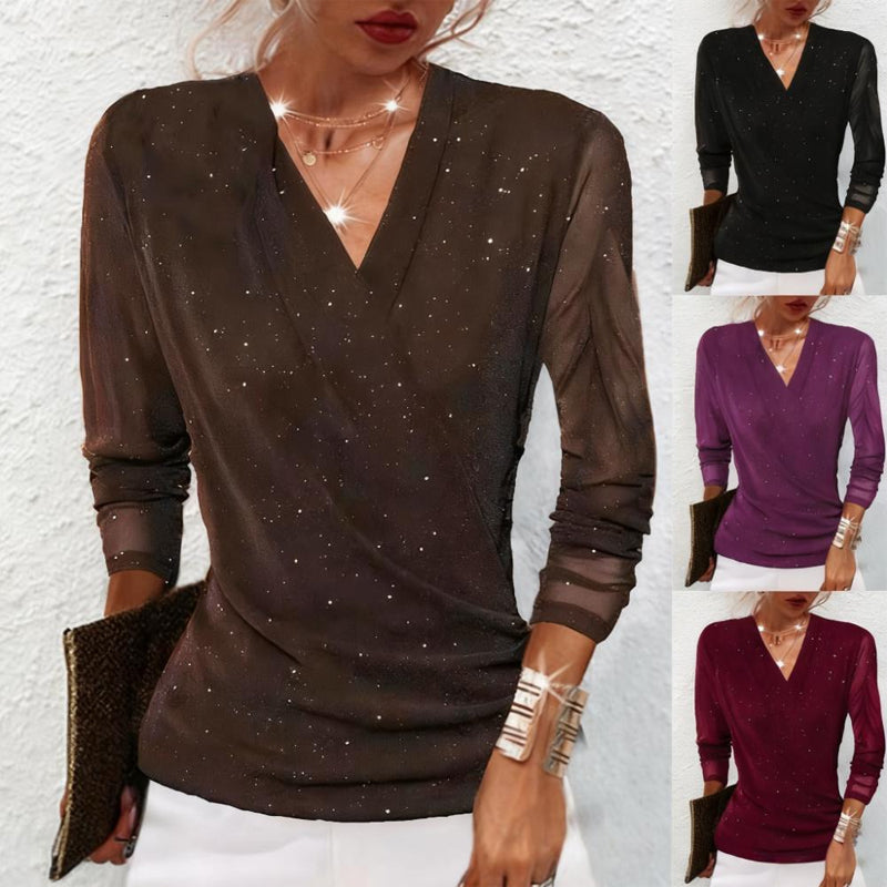 Offers-Women's Sparkle Crossover V-Neck Long Sleeve Top