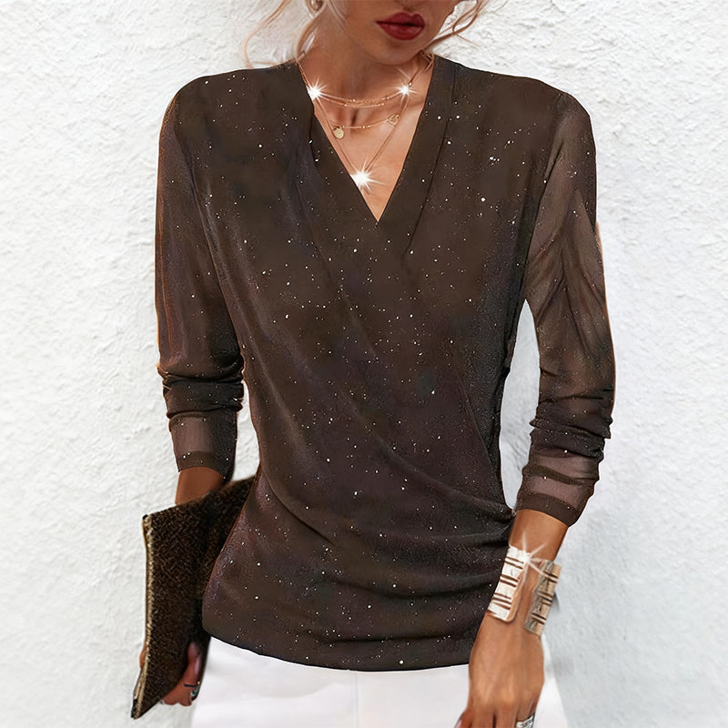 Offers-Women's Sparkle Crossover V-Neck Long Sleeve Top