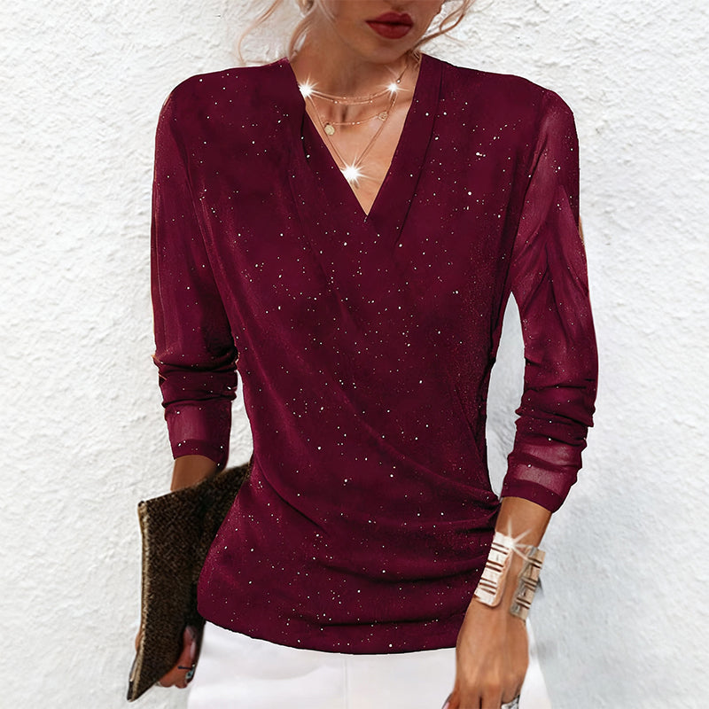 Offers-Women's Sparkle Crossover V-Neck Long Sleeve Top