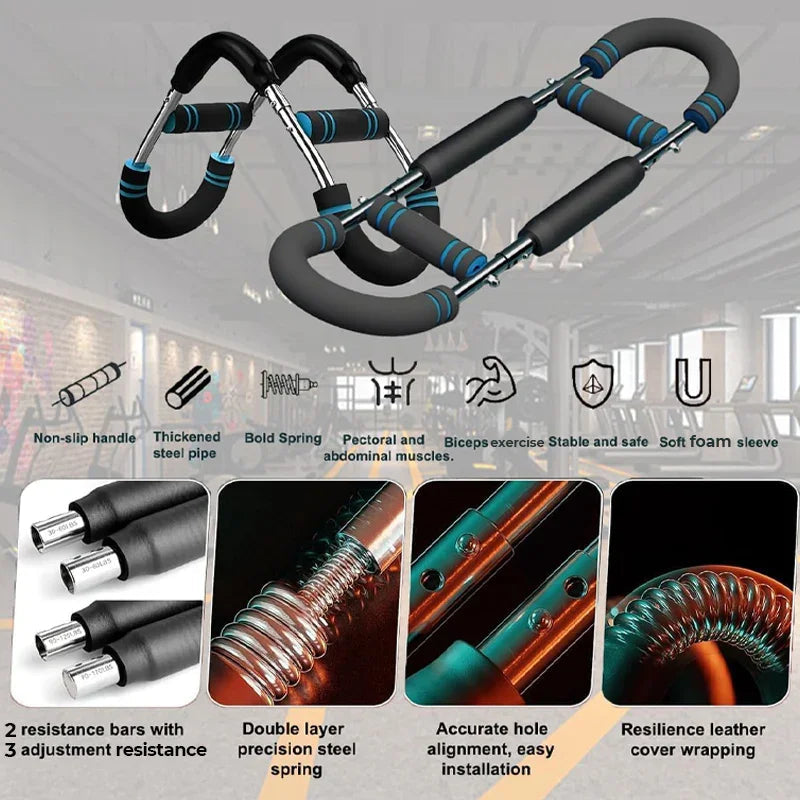 Adjustable weight bar for arm trainers, arm and torso strength training equipment, portable training device for home gyms and fitness