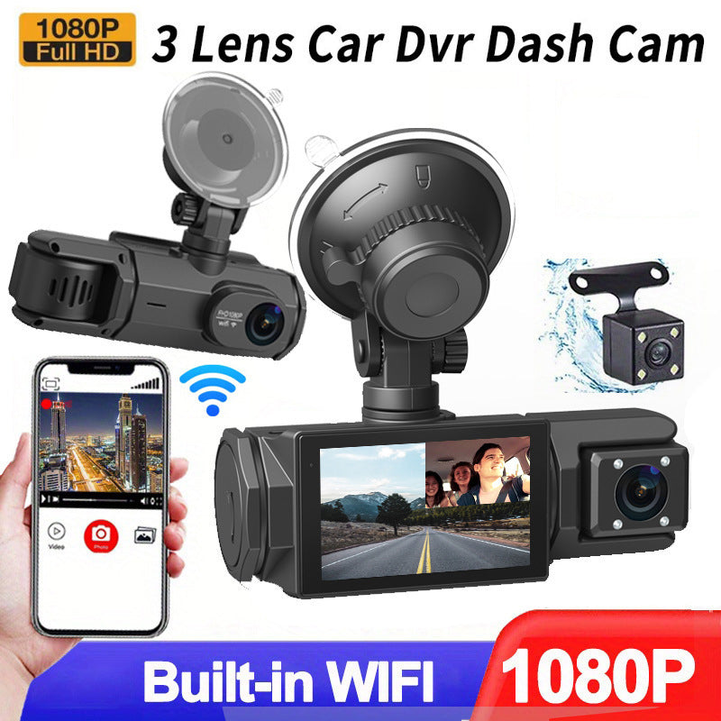 HD 1080p Triple-Lens Car DVR with Auto Reverse Camera + Parking Monitor