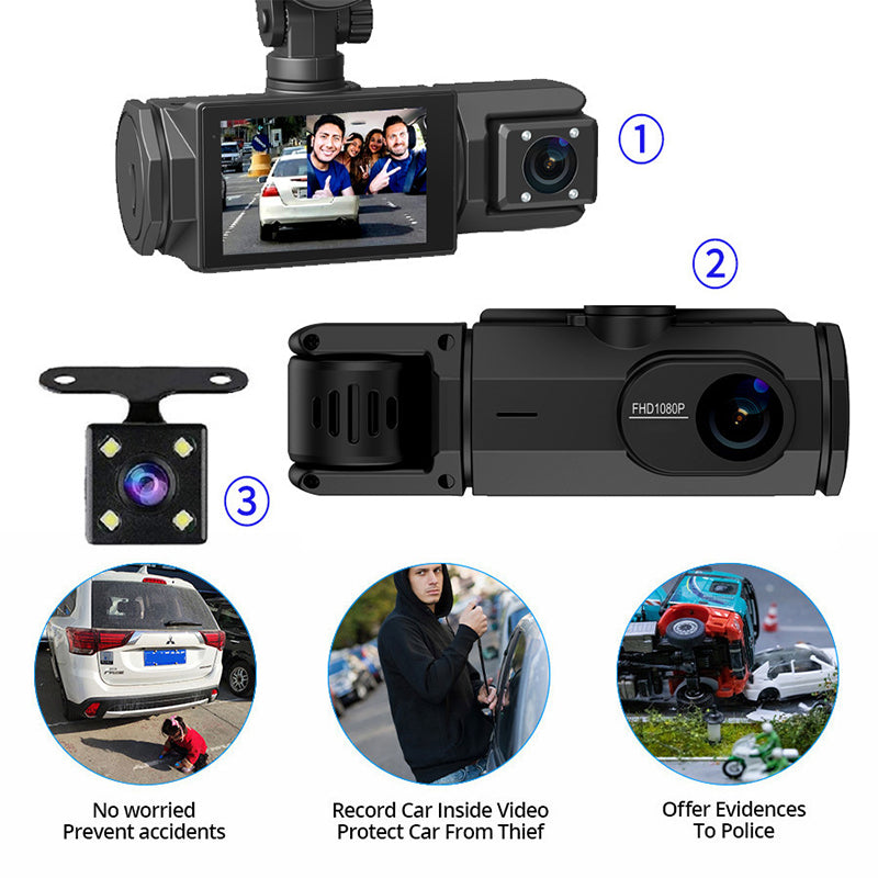 HD 1080p Triple-Lens Car DVR with Auto Reverse Camera + Parking Monitor