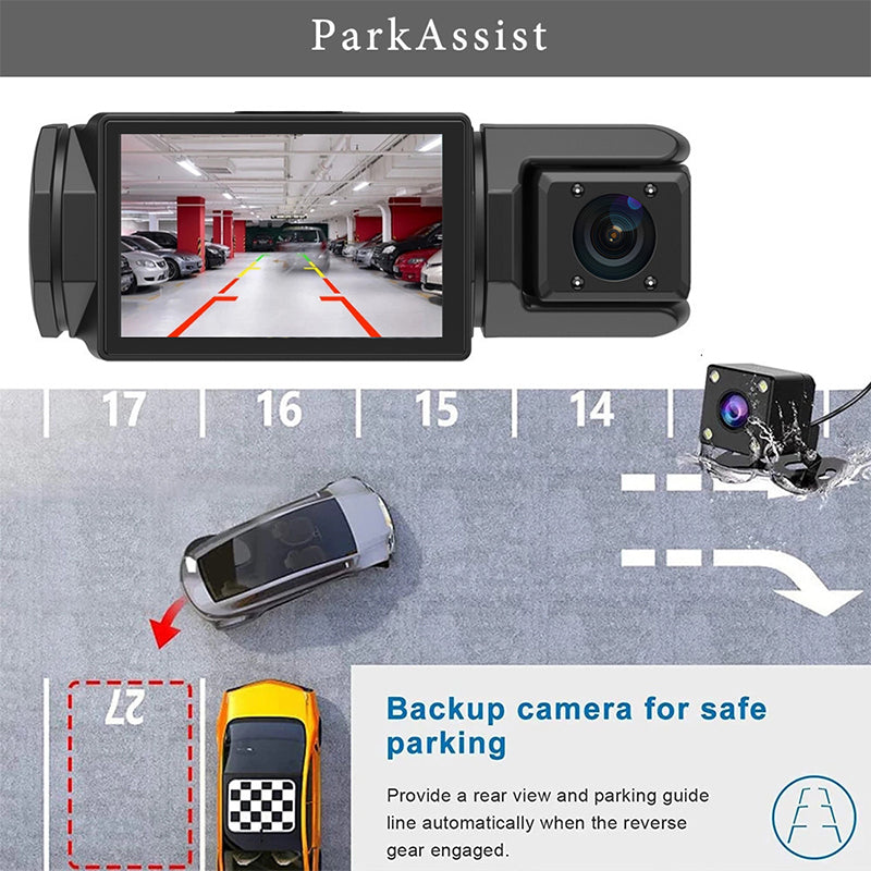 HD 1080p Triple-Lens Car DVR with Auto Reverse Camera + Parking Monitor