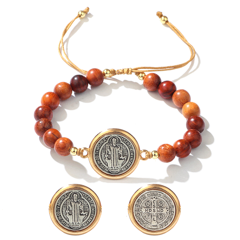 Unisex Adjustable Wooden Beads St Benedict Bracelet