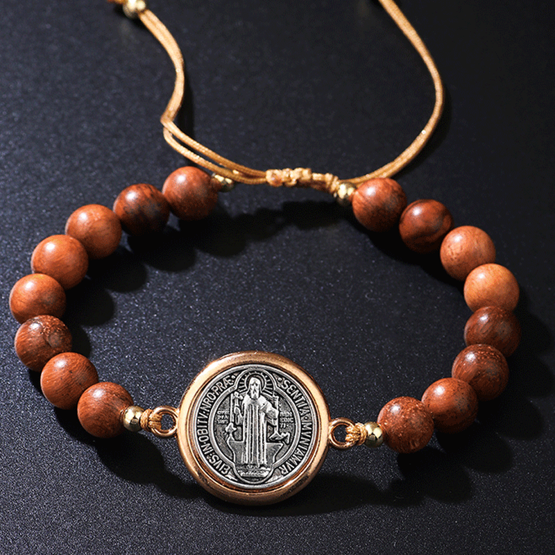 Unisex Adjustable Wooden Beads St Benedict Bracelet