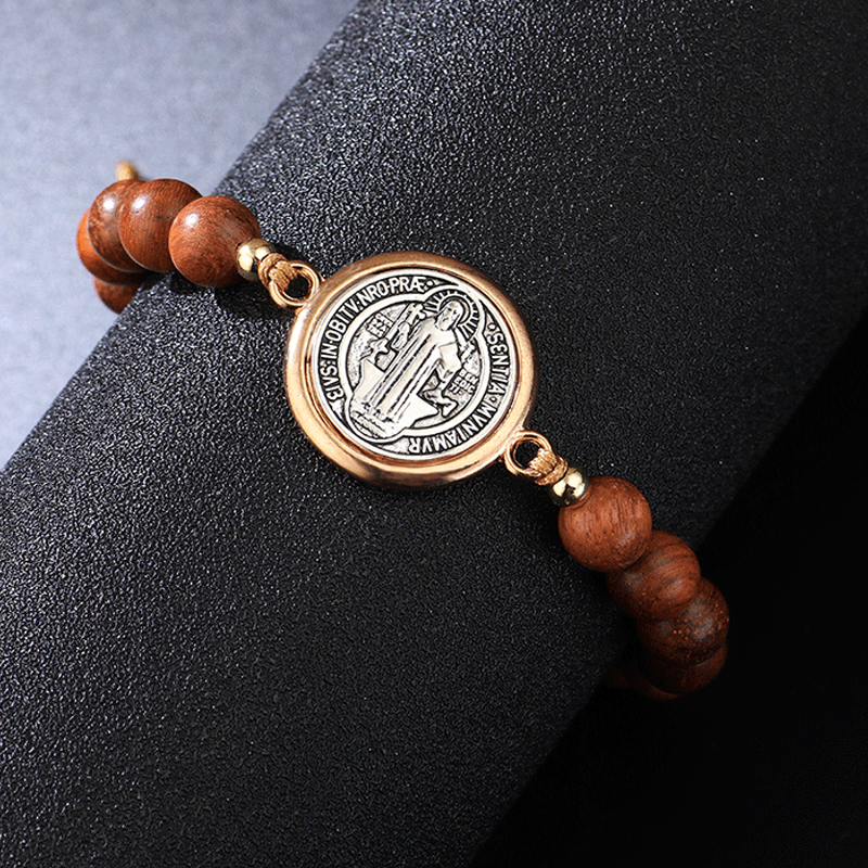 Unisex Adjustable Wooden Beads St Benedict Bracelet