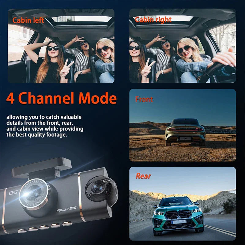 4-Channel HD Dashcam with Front Interior Rear Recording