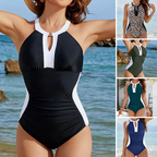 Full Coverage Retro Color Block Slimming Swimwear
