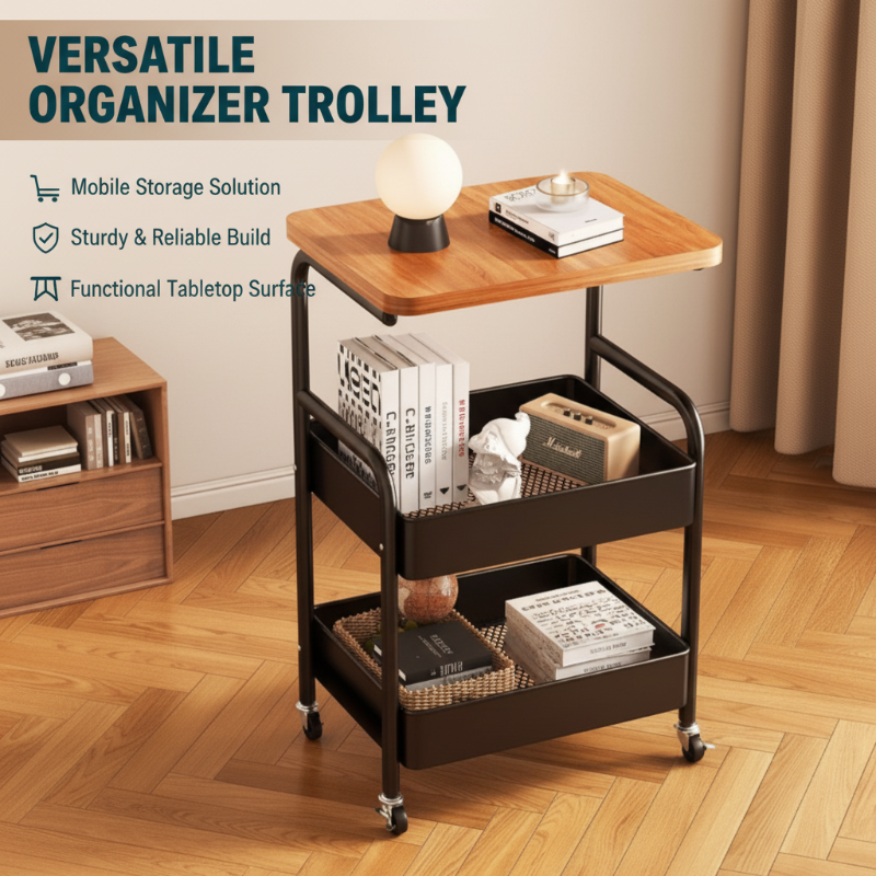 Mobile multi-purpose trolley with storage – Multi-level storage trolley for household items and snacks