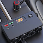 120W Car Charger Adapter – 4 USB Ports + 3 Sockets, Real-Time Voltage Display