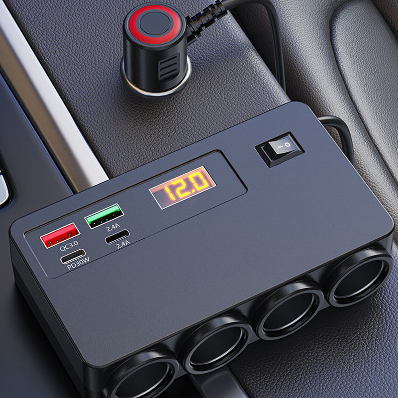 120W Car Charger Adapter – 4 USB Ports + 3 Sockets, Real-Time Voltage Display