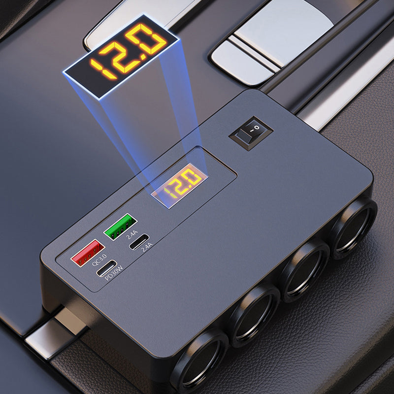 120W Car Charger Adapter – 4 USB Ports + 3 Sockets, Real-Time Voltage Display