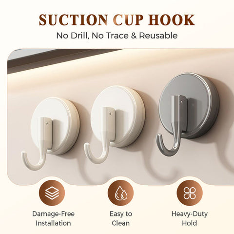Seamless and flexible Pull to hang—no drilling required! Super-strong suction cup hooks—use them anywhere