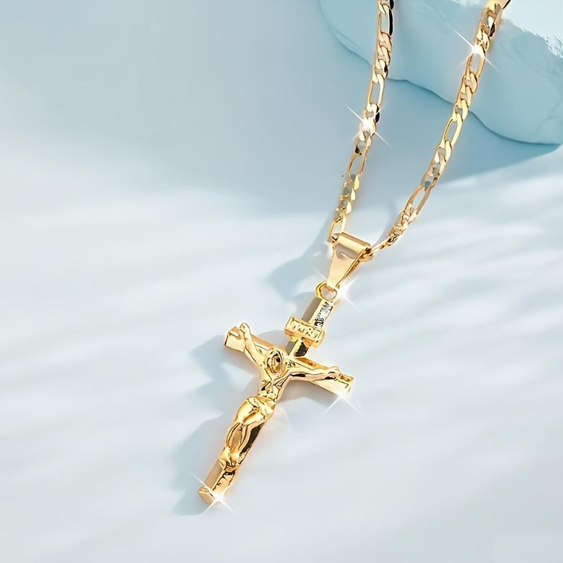 Gold Crucifix Necklace – Detailed INRI Motif, Adjustable Figaro Chain & Hypoallergenic Finish