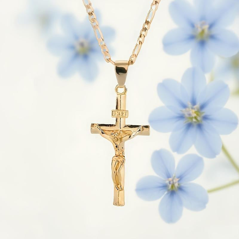 Gold Crucifix Necklace – Detailed INRI Motif, Adjustable Figaro Chain & Hypoallergenic Finish