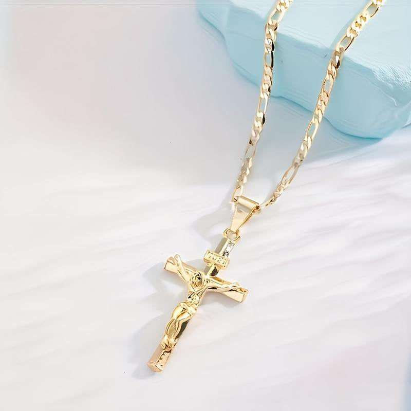 Gold Crucifix Necklace – Detailed INRI Motif, Adjustable Figaro Chain & Hypoallergenic Finish