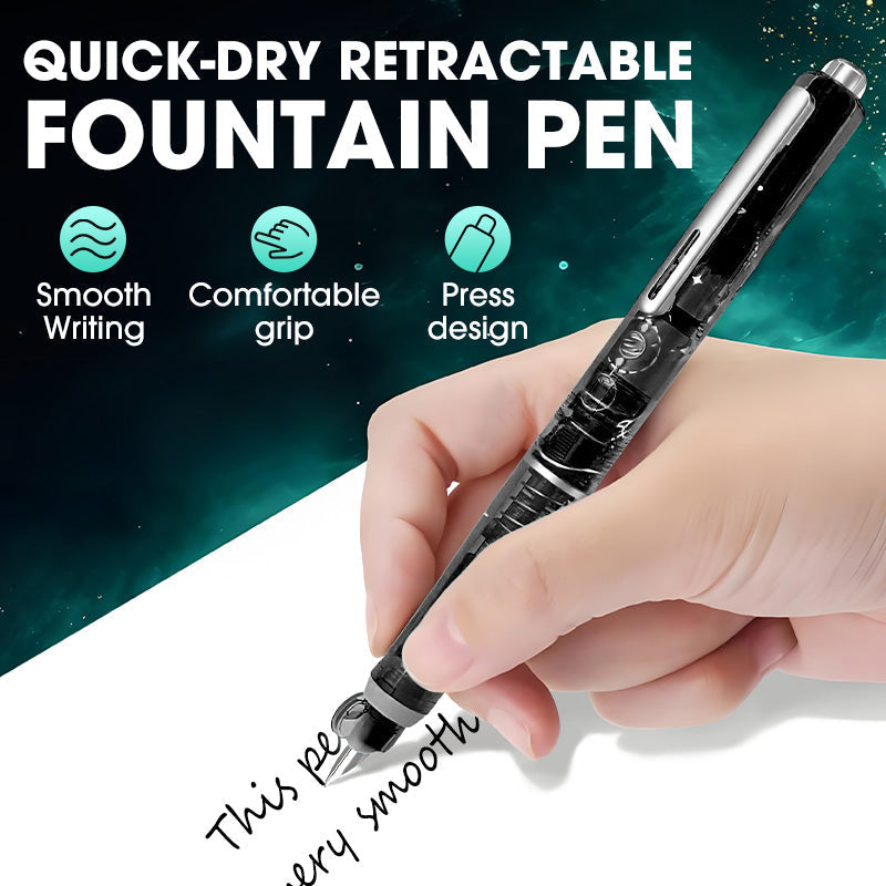 Quick-Dry Retractable Fountain Pen:0.38mm Blue&Black Ink Transparent Barrel Includes 5 Refillable Ink Cartridges