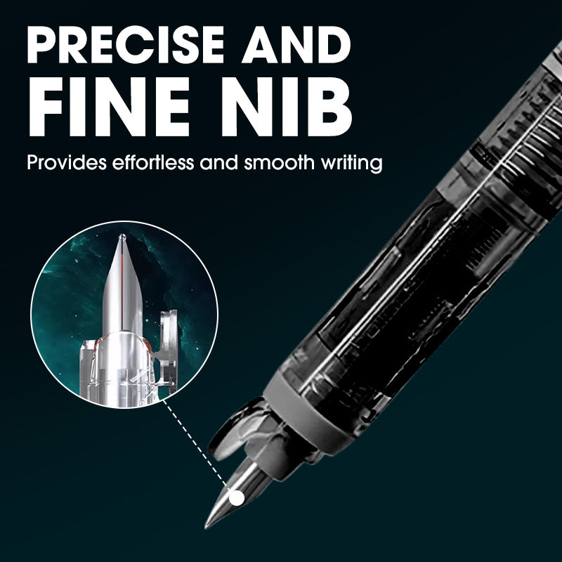 Quick-Dry Retractable Fountain Pen:0.38mm Blue&Black Ink Transparent Barrel Includes 5 Refillable Ink Cartridges
