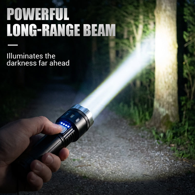 Multifunctional Zoom LED Flashlight with Power Display – 500m Range, USB-C & 4 Lighting Modes
