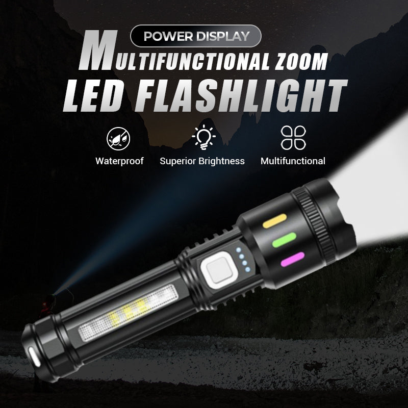 Multifunctional Zoom LED Flashlight with Power Display – 500m Range, USB-C & 4 Lighting Modes