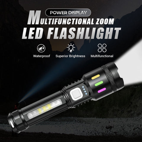 Multifunctional Zoom LED Flashlight with Power Display – 500m Range, USB-C & 4 Lighting Modes