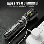 Multifunctional Zoom LED Flashlight with Power Display – 500m Range, USB-C & 4 Lighting Modes