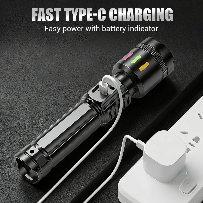 Multifunctional Zoom LED Flashlight with Power Display – 500m Range, USB-C & 4 Lighting Modes