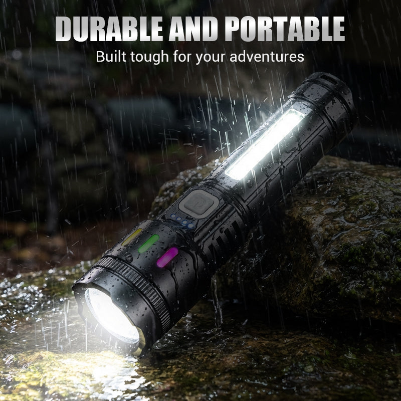 Multifunctional Zoom LED Flashlight with Power Display – 500m Range, USB-C & 4 Lighting Modes