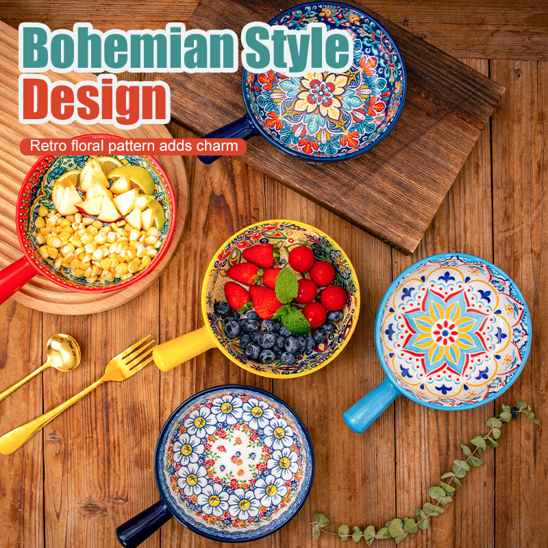 Bohemian Ceramic Soup Bowl with Handle