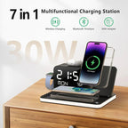 7-in-1 MagSafe Fast Wireless Charging Stand, Dual Mobile Phone Charging Station, Touch Night Light, Bluetooth, Digital Display, 33W Adapter. For iPhone 16/15/14/13/12 Pro Max, Apple Watch, Earbuds and Android