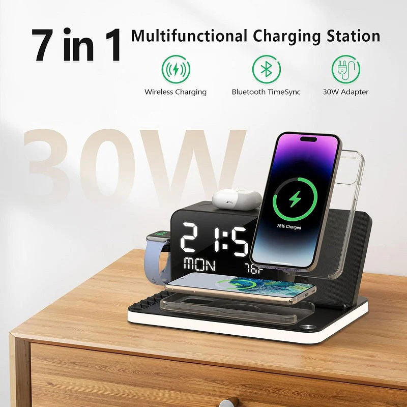 7-in-1 MagSafe Fast Wireless Charging Stand, Dual Mobile Phone Charging Station, Touch Night Light, Bluetooth, Digital Display, 33W Adapter. For iPhone 16/15/14/13/12 Pro Max, Apple Watch, Earbuds and Android