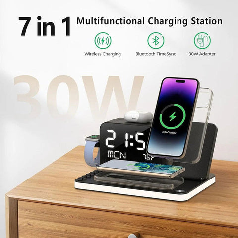7-in-1 MagSafe Fast Wireless Charging Stand, Dual Mobile Phone Charging Station, Touch Night Light, Bluetooth, Digital Display, 33W Adapter. For iPhone 16/15/14/13/12 Pro Max, Apple Watch, Earbuds and Android