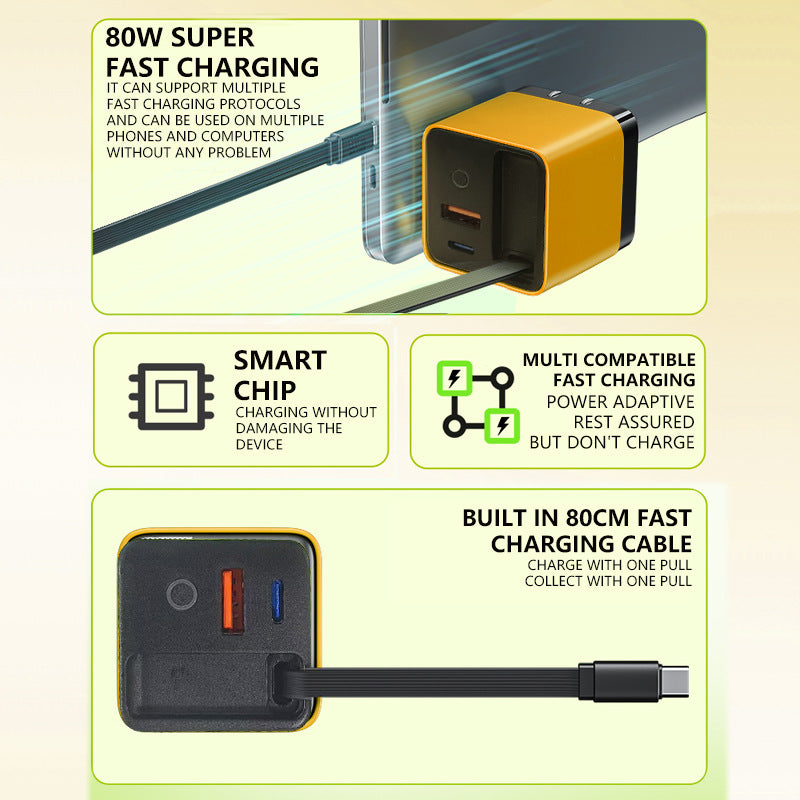 65W Fast Charging Phone Charger Block with Retractable 80cm Type-C Cable